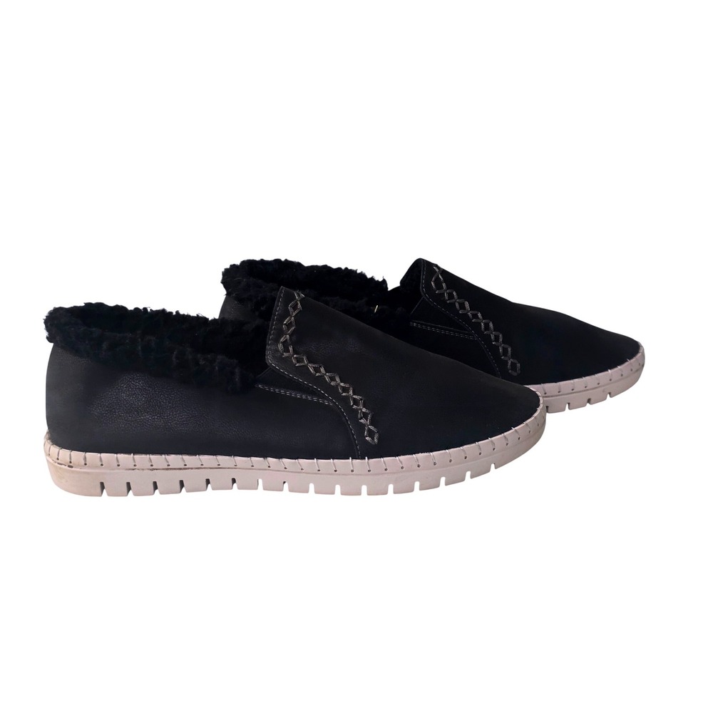 Easy Street Womens Black Faux Leather Faux Fur Lined Slip On Loafers Size 10 M
